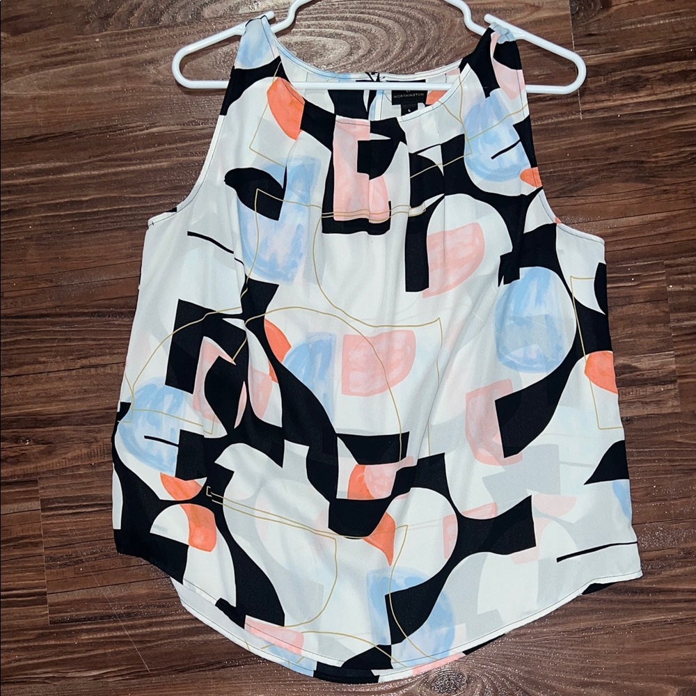 Worthington Abstract Geometric Sleeveless Top in White, Black, Blue and Pink